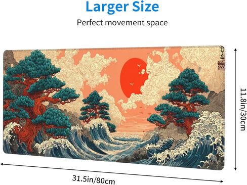Mouse Pad Japanese Sea Wave Pattern, Large Desk Mat, XXL Gaming Keyboard Mat, Non-Slip Rubber Base, Big Extended Desk Protector for Home Office, 31.5x12 inch in Kuwait