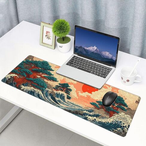 Mouse Pad Japanese Sea Wave Pattern, Large Desk Mat, XXL Gaming Keyboard Mat, Non-Slip Rubber Base, Big Extended Desk Protector for Home Office, 31.5x12 inch in Kuwait