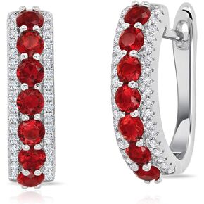 925 Sterling Silver Gemstone Round Hoop Earrings for Women 0.75 inches in Simulated Green Emerald, Red Ruby, or Blue Sapphire Birthstones with Click Tops by MAX + STONE