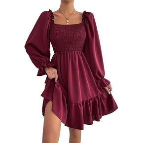 GORGLITTER Women's Shirred Long Sleeve Mini Dress Ruffle Square Neck A Line Flowy Dresses