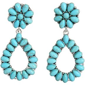 Bohemian Vintage Turquoise Oval Flower Drop Dangle Earrings Geometric Ethnic Teardrop Earrings Western Cowgirl Statement Jewelry
