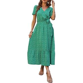 Women's Floral Print Midi Dresses Boho V Neck Button Up Short Sleeve Ruffle Beach Party Dress