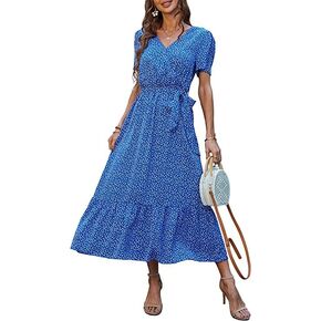 Women's Floral Print Midi Dresses Boho V Neck Button Up Short Sleeve Ruffle Beach Party Dress