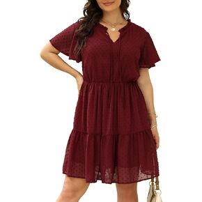 Nemidor Womens Plus Size Swiss Dot Flowy Boho Jacquard Chiffon Print Dress with Ruffle Sleeve NEM312