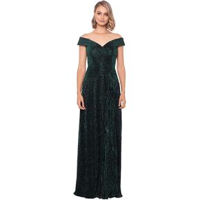 Xscape Off-The-Shoulder Pleated Metallic Gown