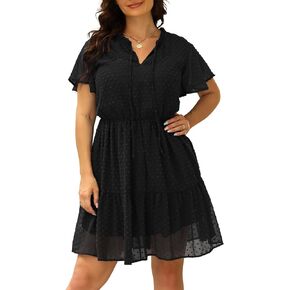 Nemidor Womens Plus Size Swiss Dot Flowy Boho Jacquard Chiffon Print Dress with Ruffle Sleeve NEM312