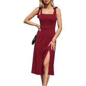 Dokotoo Womens Sundresses Square Neck Sleeveless Tie Knot Empire Waist Elegant Dresses Side Split Midi Dresses