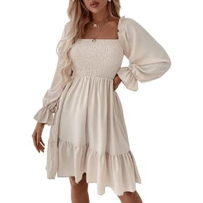 GORGLITTER Women's Shirred Long Sleeve Mini Dress Ruffle Square Neck A Line Flowy Dresses