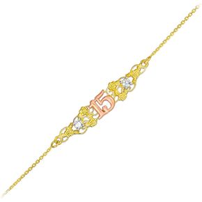 14k Tri-Color Gold Sweet 15 Anos Quinceanera Bracelet, 7" with 0.5" Extension