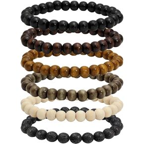 MILAKOO 6Pcs Natural Wood Bracelets for Men Women Lava Rock Stone Beads Yoga Stretch Bracelet