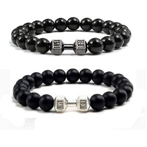 MIFYNN 2Pcs Gym Bracelet Dumbbell Bracelet for Men Women Traintough Dumbbell Bracelet Natural Stone Beads Bracelets Set Volcanic Lava Stone Dumbbell Bracelets Gym Jewelry Gifts