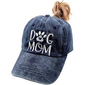 Women's Dog Mom Ponytail Hat Embroidered Messy High Bun Distressed Baseball Cap