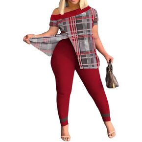 Womens 2 Pieces Outfits Short Sleeve Floral Print Round Neck off-Shoulder Slit Shirt and Skinny Pants Set Tracksuits