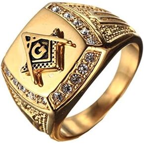 PMTIER Men's Cubic Zirconia Masonic Freemason Gold Plated Stainless Steel Rings