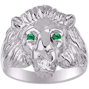 Lion Head Ring Sterling Silver Genuine Diamond in Mouth & Gorgeous Precious Color Stone Birthstone in Eyes #1 in Mens Jewelry Men's Ring Amazing Conversation Starter Sizes 6,7,8,9,10,11,12,13