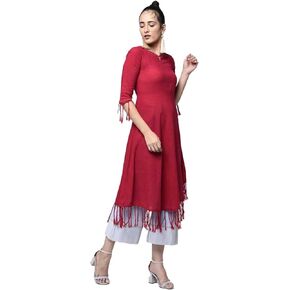 Yash Gallery Women's Cotton Slub Fringes A Line Kurta