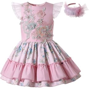 Pettigirl Girl Kids Summer Pink Lovely Sweet Floral Sundress Clothing Trendy Casual Ruffle Tutu Dress with Headpiece