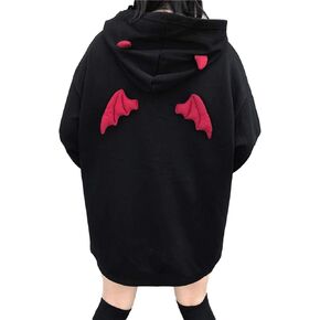 Linsennia Women Devil Wing Hooded Sweatshirt Casual Embroidery Printed Hoodies Punk Goth Aesthetic Grunge Pullover Tops