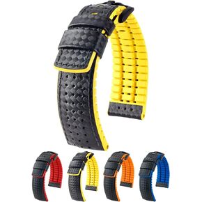 HIRSCH Ayrton Natural Rubber & Leather Watch Strap - Black/Yellow - L - 24mm - Premium Caoutchouc