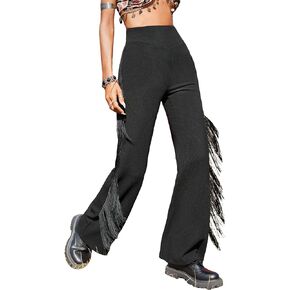 Floerns Women's Fringe Trim Flare Leg High Rise Elastic Waist Solid Boho Long Pants