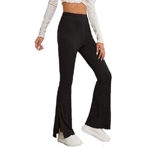 OYOANGLE Women's Elegant Lettuce Trim Split Hem Stretchy Elastic High Waist Flare Leg Pull On Pants Trousers