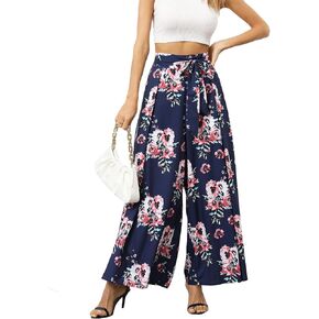 Women's Summer Casual Colorful Print Drawstring Summer Beach High Waist Wide Leg Long Pants with Pockets