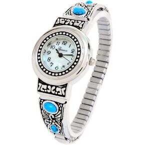 Silver Turquoise Decorated Women's Semi-Stretch Bracelet Watch