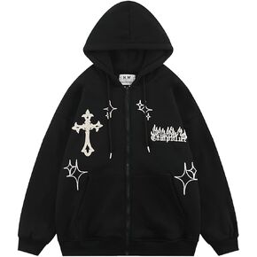 Aesthetic Hoodie Y2K Hoodie Gothic Hoodie Flame Cross Print Streetwear Women Oversized Hoodie Zip Up
