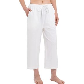 Bonnorth Women's Cotton Linen Drawstring Elastic Waist Loose Wide Leg Cropped Pants with Pockets in Kuwait