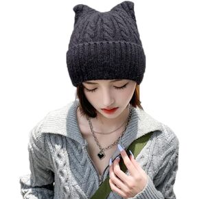 Cat Ear Beanie Hat for Women Girls Wool Knit Crochet Hat Braided Cute Devil Horn Hat Skull Cap Winter Warm Beanie Cuffed