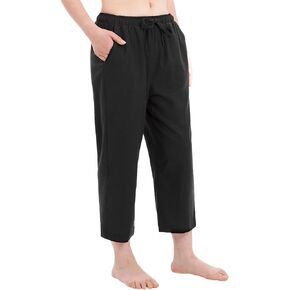 Bonnorth Women's Cotton Linen Drawstring Elastic Waist Loose Wide Leg Cropped Pants with Pockets