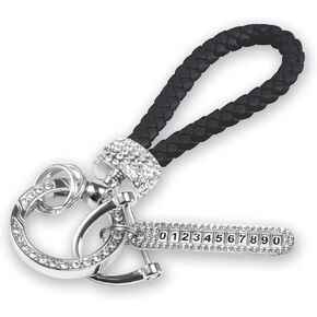 Worcas Car Keychain With Bling Rhinestones,eather Woven Keychain with anti loss telephone number plate for all Cars