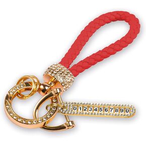 Worcas Car Keychain With Bling Rhinestones,eather Woven Keychain with anti loss telephone number plate for all Cars