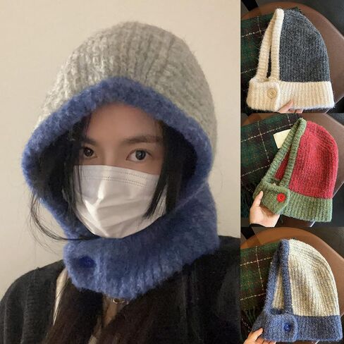 قبعة نسائية شتوية منسوجة من الصوف قبعة بالاكلافا بغطاء للرأس وشاح الرقبة لتدفئة الرقبة في الهواء الطلق قبعات وشاح قبعات مقاومة للرياح قبعة سحب in Kuwait