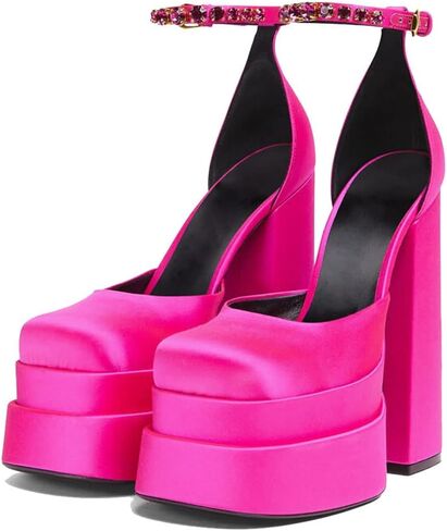 VIMISAOI Black Heels for Women Chunky Heels Square Toe Heels Ankle Strap Buckle Rhinestones Wedge Silk Satin High Platform Pumps Size 5 in Kuwait
