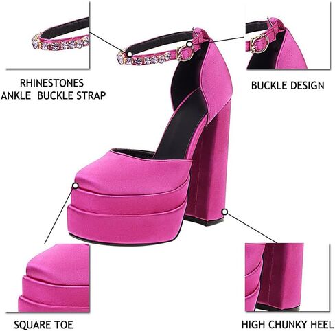 VIMISAOI Black Heels for Women Chunky Heels Square Toe Heels Ankle Strap Buckle Rhinestones Wedge Silk Satin High Platform Pumps Size 5 in Kuwait