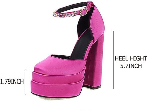 VIMISAOI Black Heels for Women Chunky Heels Square Toe Heels Ankle Strap Buckle Rhinestones Wedge Silk Satin High Platform Pumps Size 5 in Kuwait