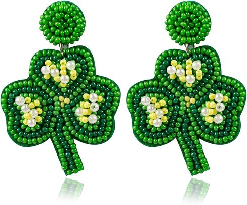 St Patrick's Day Earrings - Beaded Shamrock Earring for Women Handmade St.Patrick's day Outfit Accessories Drop Dangle Earrings Gifts in Kuwait