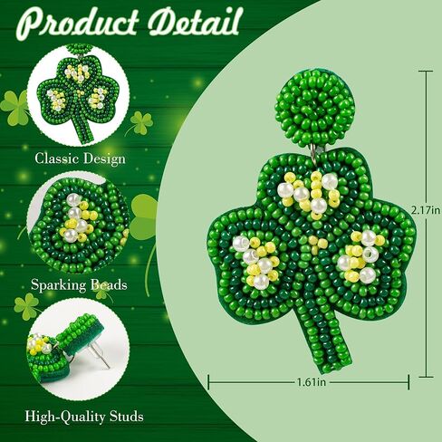 St Patrick's Day Earrings - Beaded Shamrock Earring for Women Handmade St.Patrick's day Outfit Accessories Drop Dangle Earrings Gifts in Kuwait