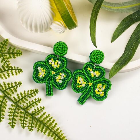 St Patrick's Day Earrings - Beaded Shamrock Earring for Women Handmade St.Patrick's day Outfit Accessories Drop Dangle Earrings Gifts in Kuwait
