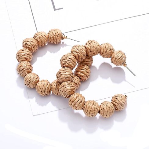 Rattan Earrings Statement Rattan Hoop Earrings for Women Woven Bohemian Earrings Handmade Straw Wicker Braid Big Drop Dangle Earrings for Girls Summer Beach Jewelry in Kuwait