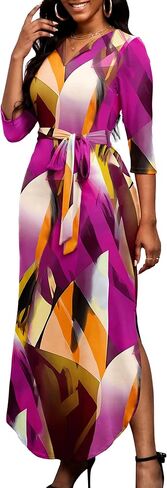 فساتين FANDEE النسائية الكاجوال بنمط كاجوال ورقبة على شكل حرف V وأكمام 3/4 مع حزام in Kuwait