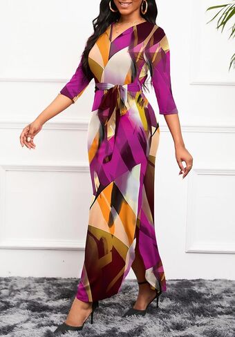 فساتين FANDEE النسائية الكاجوال بنمط كاجوال ورقبة على شكل حرف V وأكمام 3/4 مع حزام in Kuwait