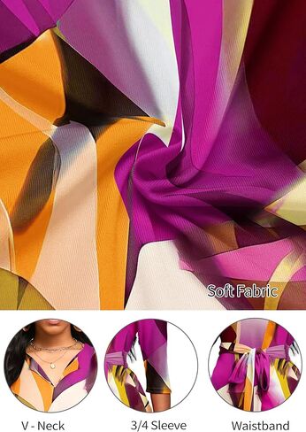 فساتين FANDEE النسائية الكاجوال بنمط كاجوال ورقبة على شكل حرف V وأكمام 3/4 مع حزام in Kuwait