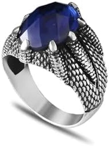 KsrModa 925 Sterling Silver Mens Ring with Sapphire Gemstone, Handmade Claw Shape Silver Ring for Men, Dragon Scale Ring, Sapphire Stone Ring, Blue Stone Ring, Scale Ring, Sapphire Ring in Kuwait