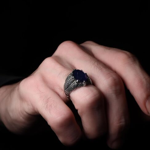 KsrModa 925 Sterling Silver Mens Ring with Sapphire Gemstone, Handmade Claw Shape Silver Ring for Men, Dragon Scale Ring, Sapphire Stone Ring, Blue Stone Ring, Scale Ring, Sapphire Ring in Kuwait