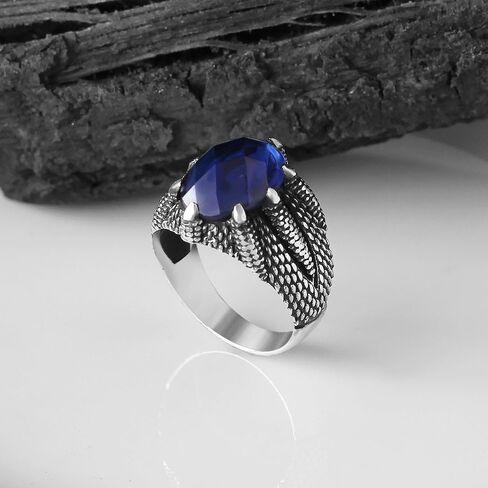 KsrModa 925 Sterling Silver Mens Ring with Sapphire Gemstone, Handmade Claw Shape Silver Ring for Men, Dragon Scale Ring, Sapphire Stone Ring, Blue Stone Ring, Scale Ring, Sapphire Ring in Kuwait