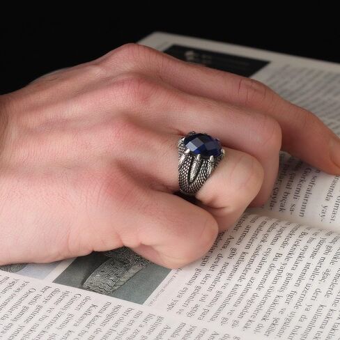 KsrModa 925 Sterling Silver Mens Ring with Sapphire Gemstone, Handmade Claw Shape Silver Ring for Men, Dragon Scale Ring, Sapphire Stone Ring, Blue Stone Ring, Scale Ring, Sapphire Ring in Kuwait