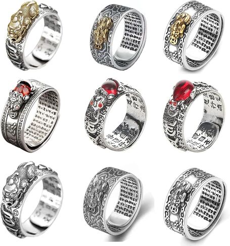 FINZOR 9 Pcs Feng Shui Pixiu Rings for Men Women Amulet Lucky Wealth Buddhist Jewelry Adjustable Ring in Kuwait