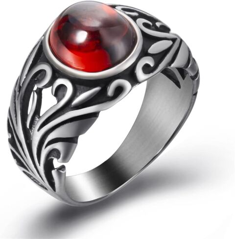 الرجال البيضاوي الأحمر الاصطناعية روبي الفيروز الأسود الجزع الزركون الفولاذ المقاوم للصدأ خاتم خمر القوطية المجوهرات in Kuwait